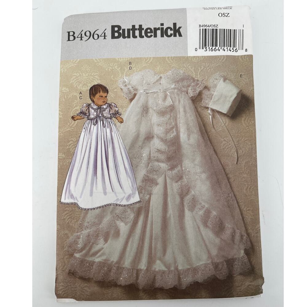 Butterick Sewing Pattern B4964 Infant Baby Christening Gown Hat Jacket OS UNCUT